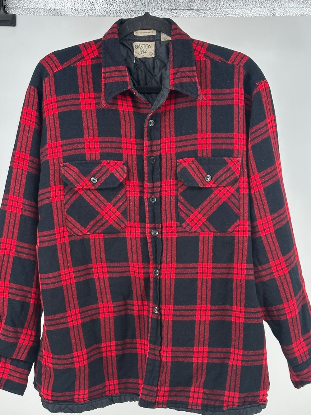 Vintage Quilted Large Tall Oakton Red & Black Plaid Button-Down Flannel Shirt